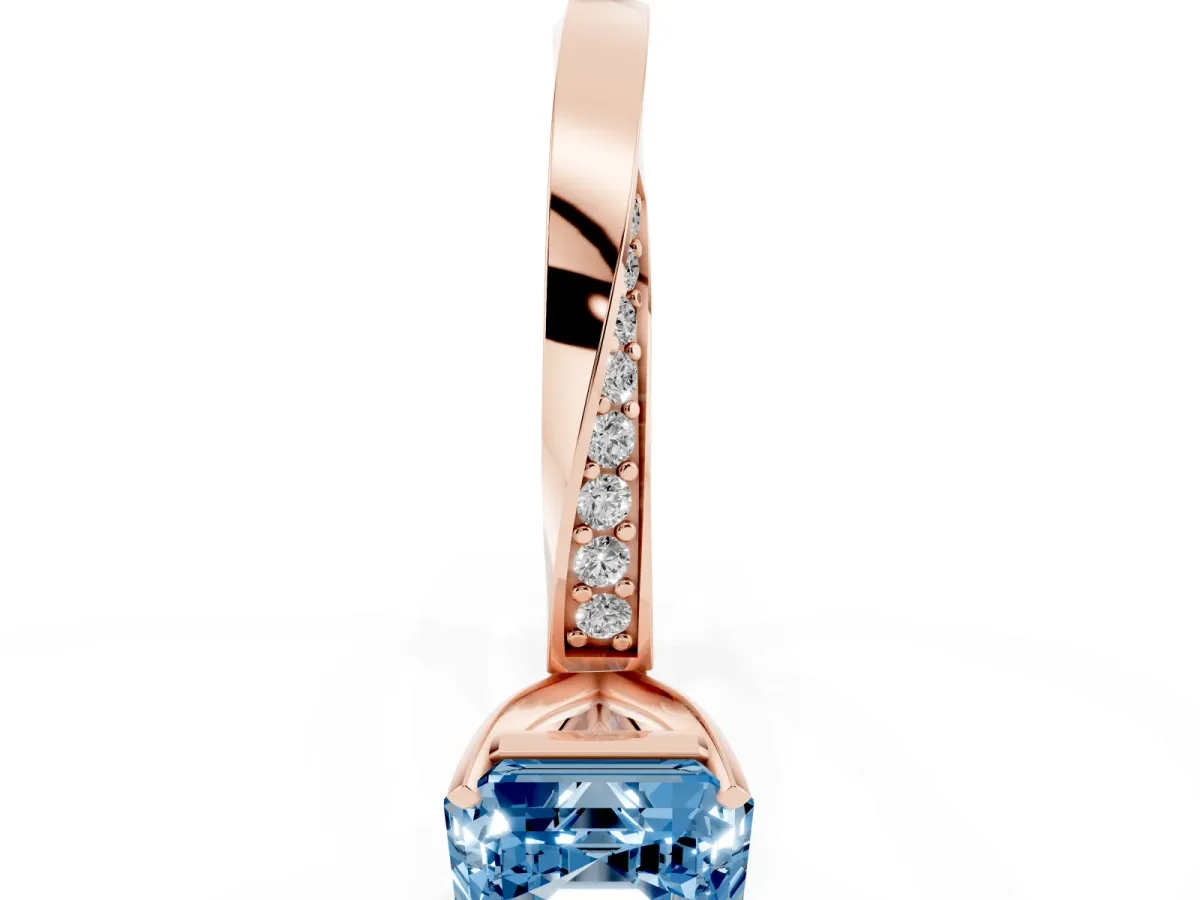 Fancy Blue Asscher Cut Diamond Engagement Ring with Side Stone Accents and Four-Prong Setting Rose gold