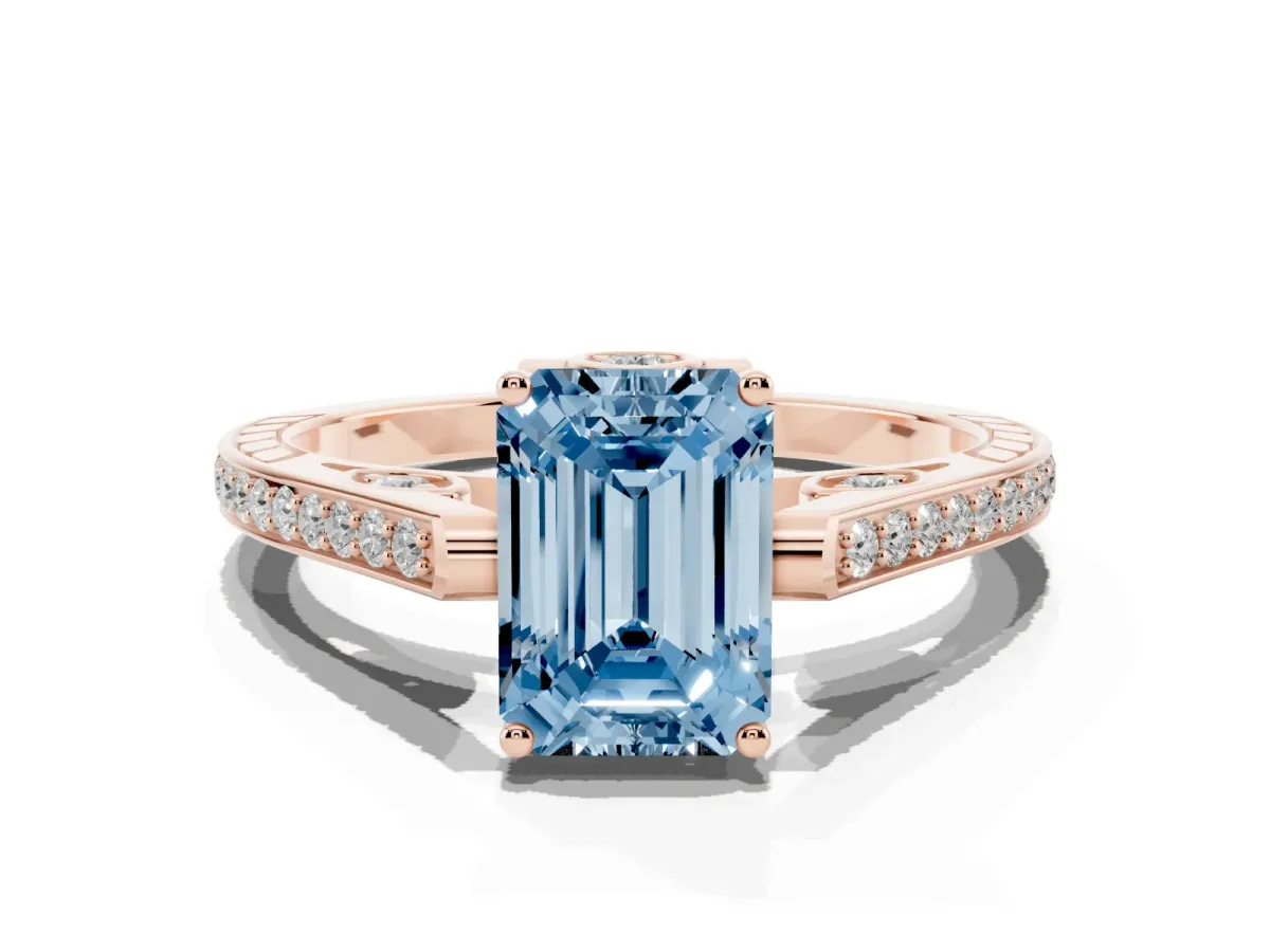 Fancy Blue Emerald Cut Cut Cathedral Pave Diamond Engagement Ring with Six-Prong Setting Rose gold