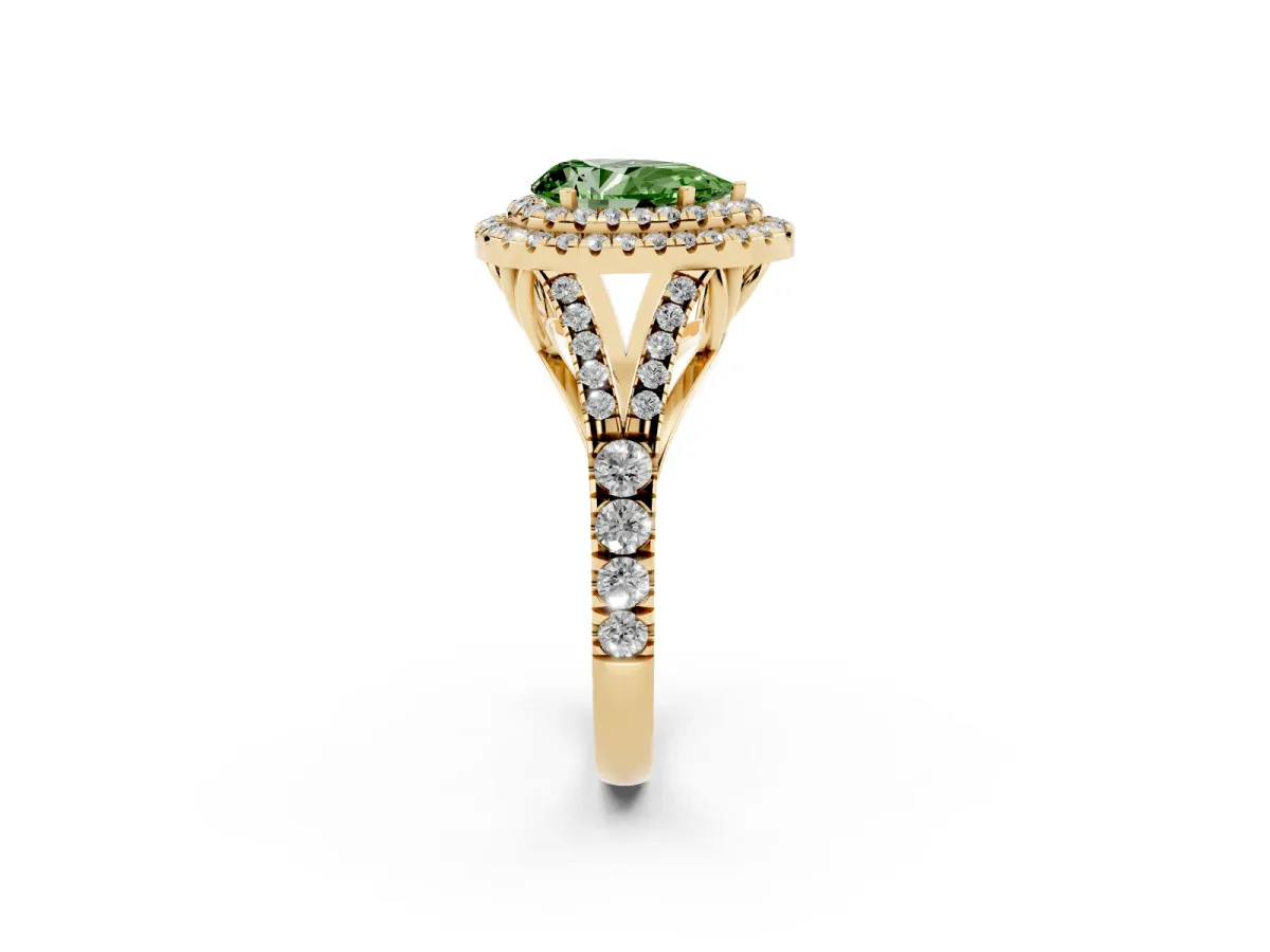 Fancy Green Pear Cut Diamond Double Halo Ring with Split Shank and Prong Setting Yellow gold
