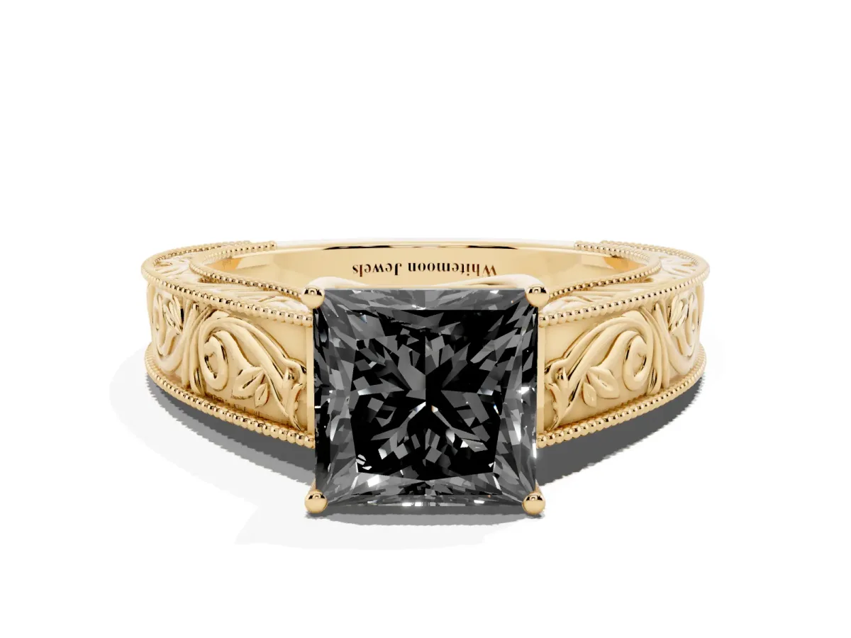 Fancy Black Princess Cut Diamond Solitaire Ring with Engraved Band and Four-Prong Setting Yellow gold