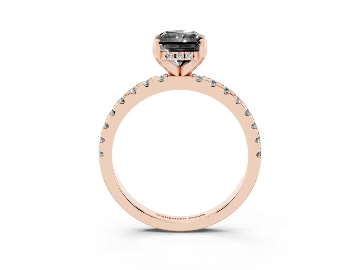 Fancy Black Radiant Cut Diamond Solitaire Ring with Round Pavé Band and Four-Prong Setting Rose gold