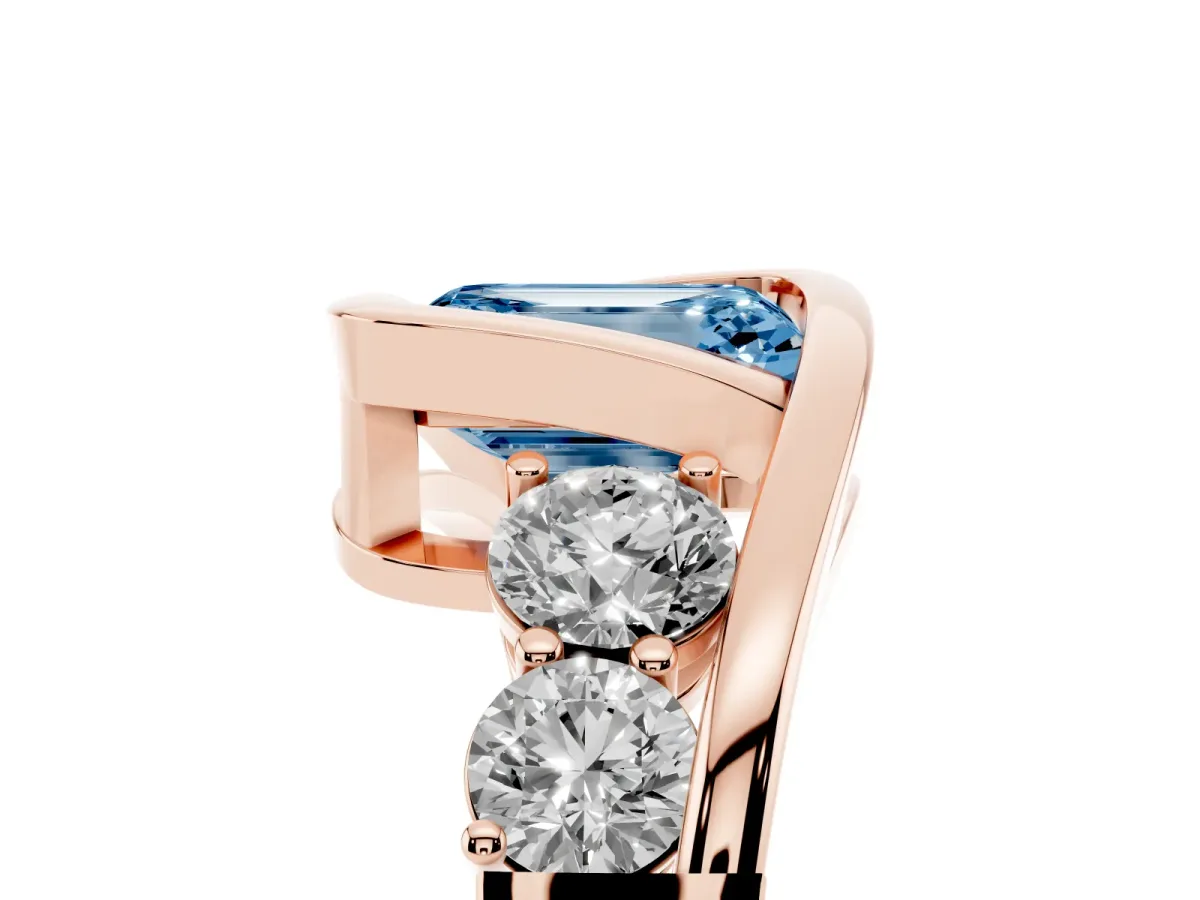 Fancy Blue Bezel Set Emerald Cut Diamond Bypass Ring with Round Accents Rose gold
