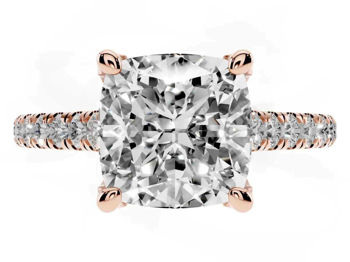 Cushion Cut Brilliant Diamond Solitaire with Pavé Band and Four-Prong Setting Rose gold