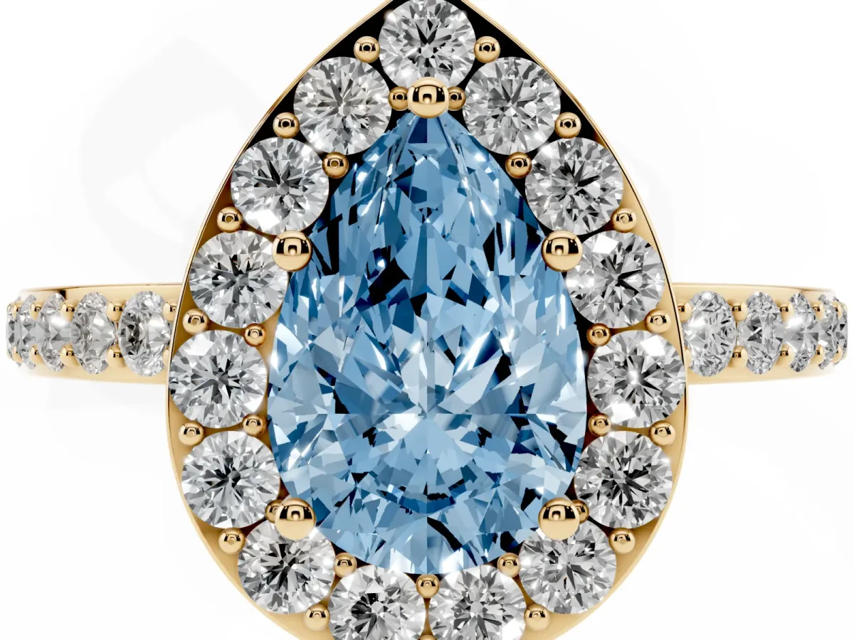 Fancy Blue Pear Cut Halo Diamond Pavé Band Ring with Prong Setting Yellow gold