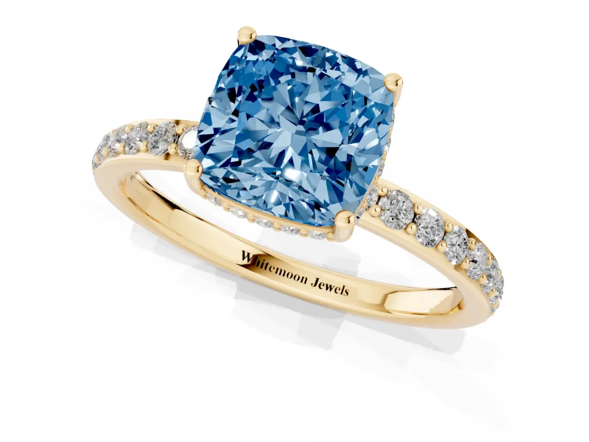 Fancy Blue Cushion Cut Diamond Solitaire Ring with Pavé Band and Hidden Halo Yellow gold