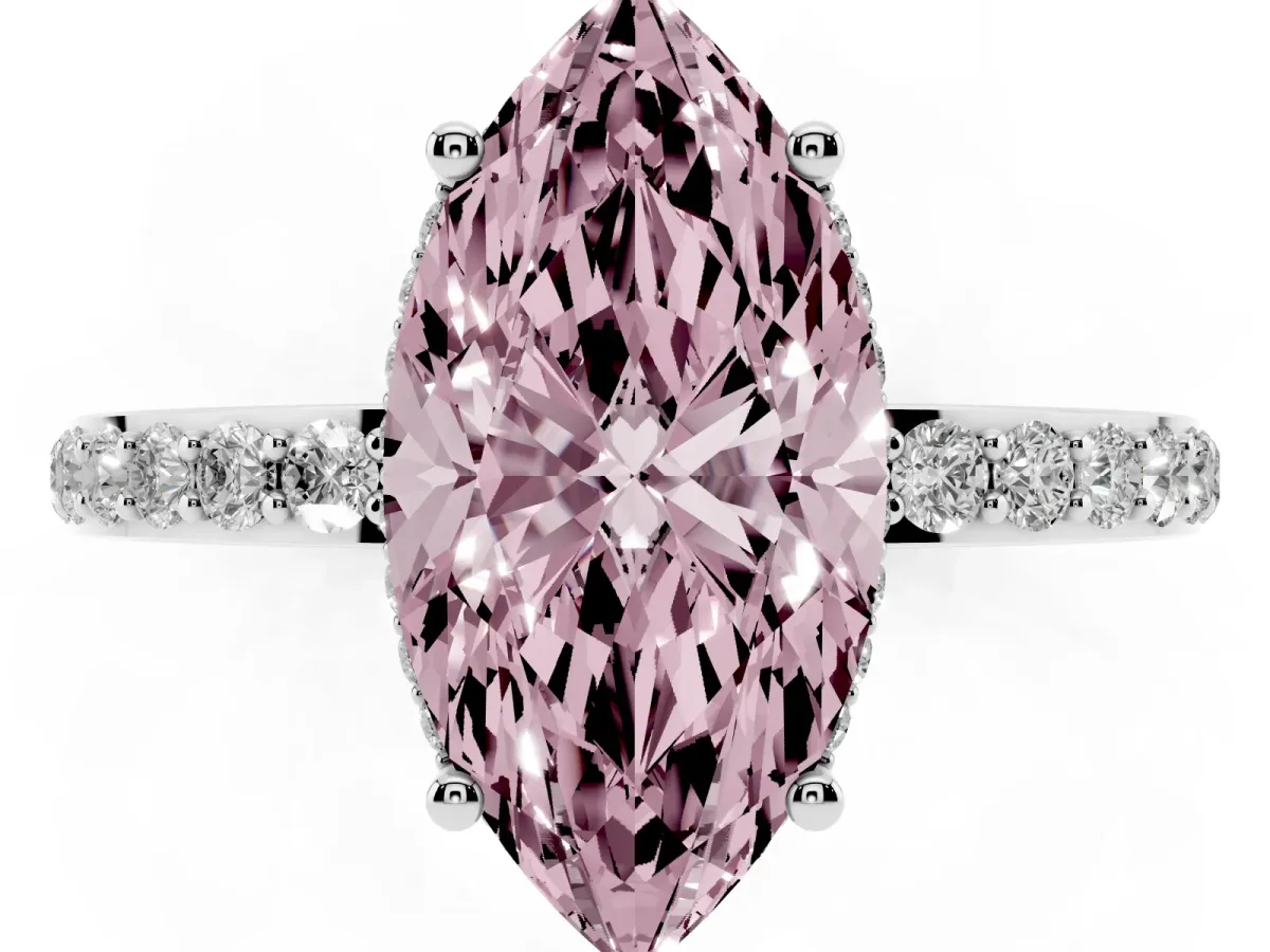 Fancy Pink Marquise Cut Diamond Solitaire Ring with Pavé Band and Hidden Halo Platinum