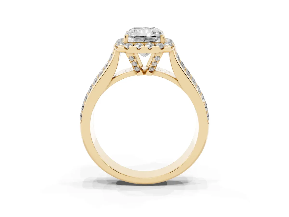 Radiant Cut Halo Round Diamond Pave Band with Prong Setting Yellow gold