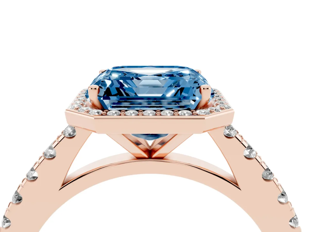 Fancy Blue Asscher Cut Cut Halo Diamond Engagement Ring with Pave Band and Four-Prong Setting Rose gold