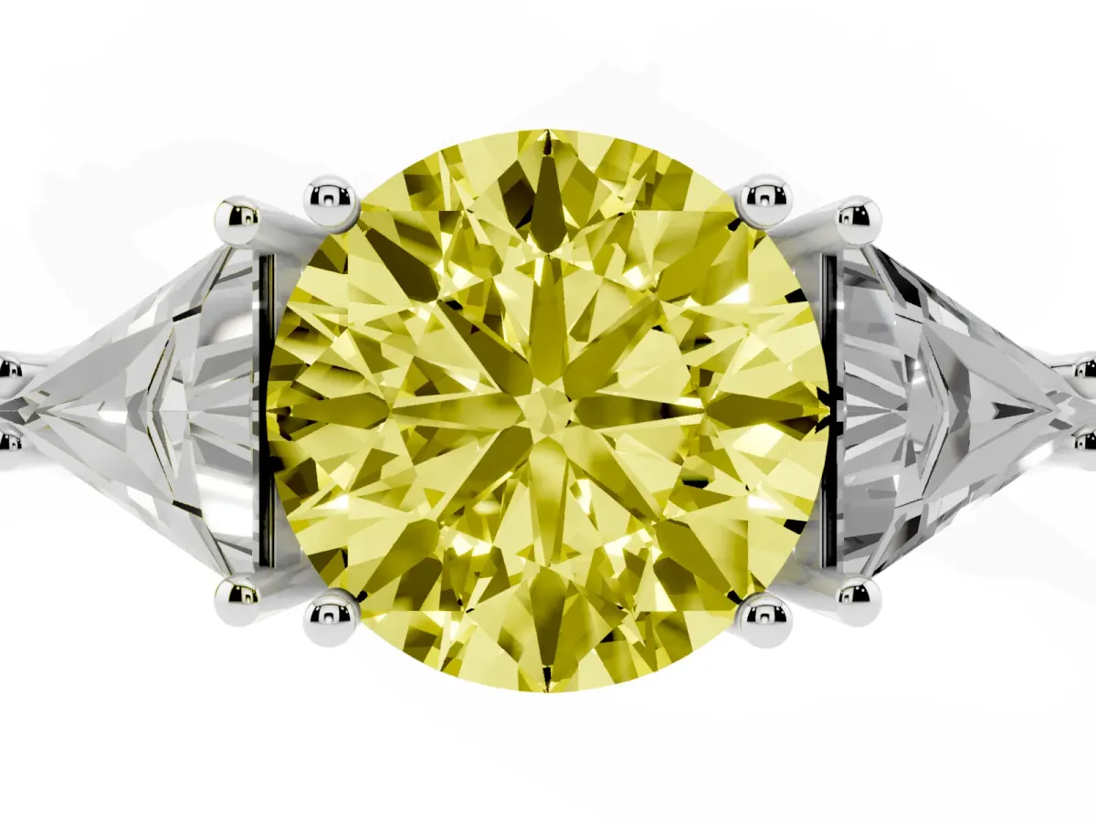Fancy Yellow Three-Stone Round Cut Diamond Engagement Ring with Trillion Side Stones and Prong Setting Silver