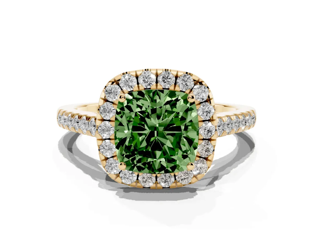 Fancy Green Cushion Cut Halo Pave Diamond Engagement Ring with Four-Prong Setting Yellow gold