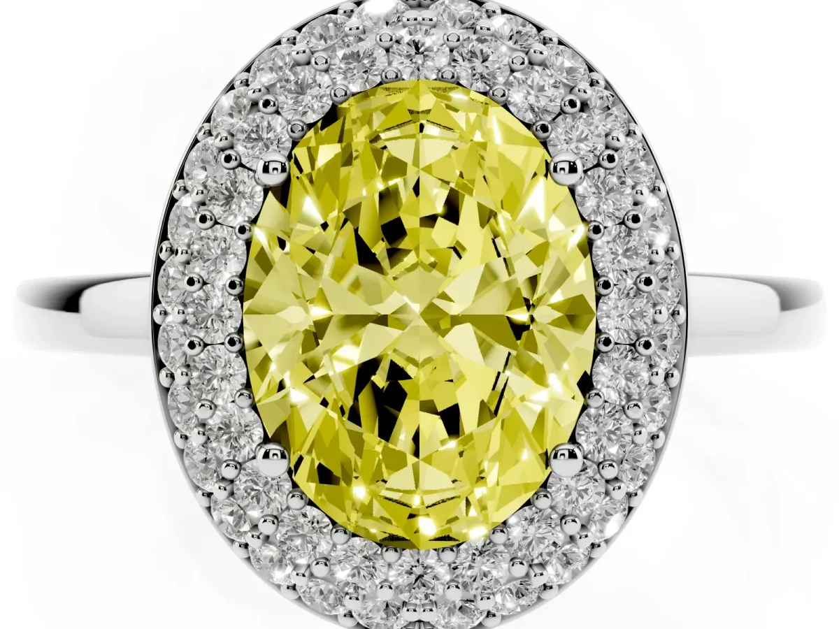 Fancy Yellow Oval Cut Halo Diamond Engagement Ring with Solitaire Band and Four-Prong Setting Platinum