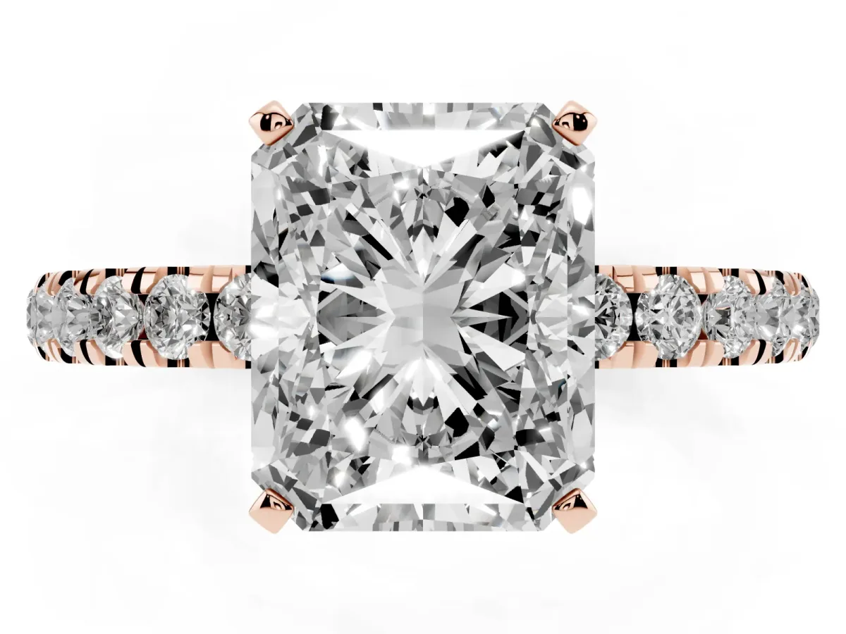 Radiant Cut Diamond Solitaire Ring with Pavé Accents and Four-Prong Setting Rose gold