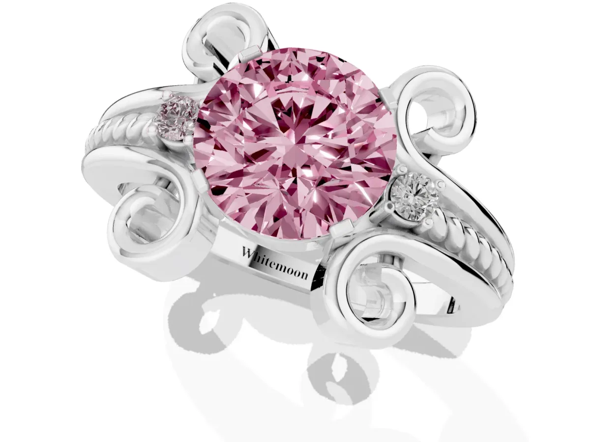 Fancy Pink Round Cut Solitaire Twisted Band Scroll Prong Ring Silver