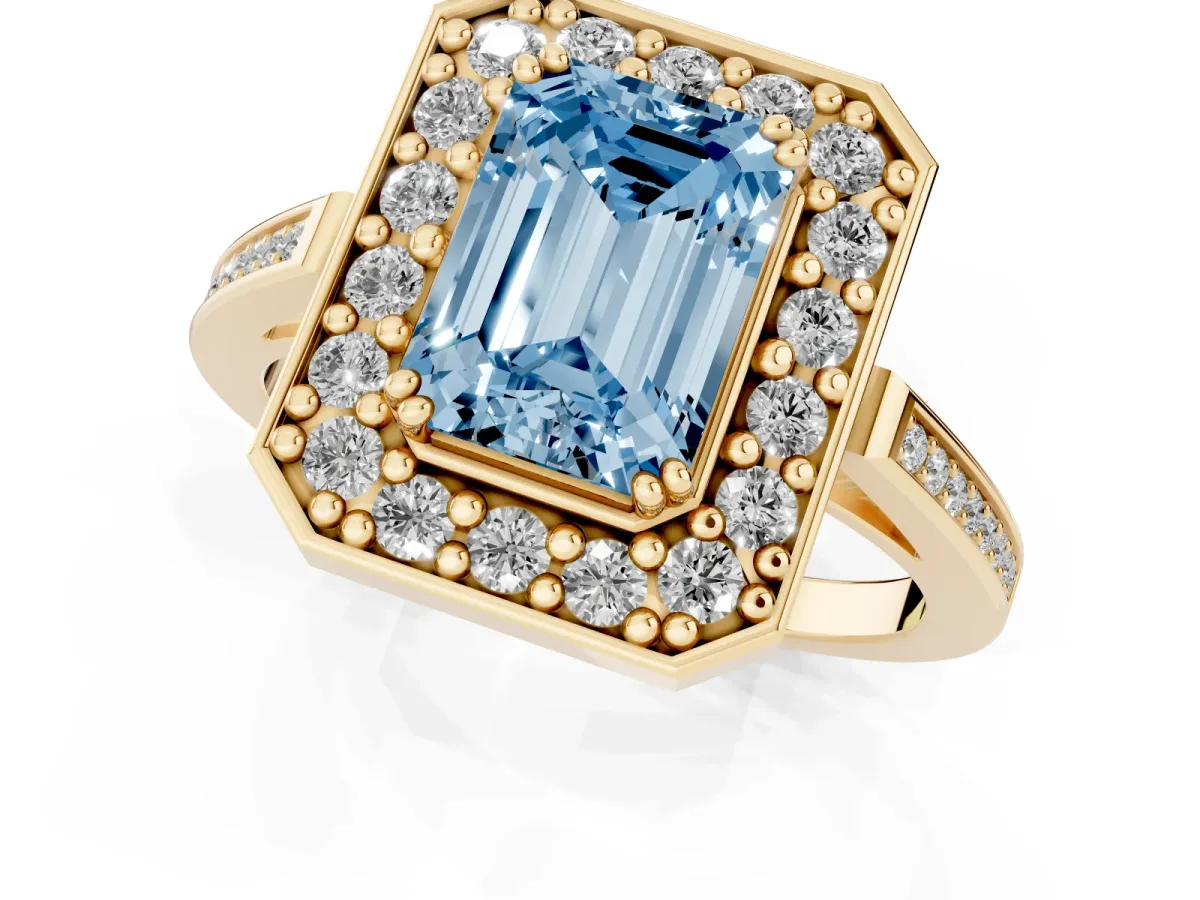 Fancy Blue Emerald Cut Diamond Halo Ring with Split Shank and Four-Prong Setting Yellow gold