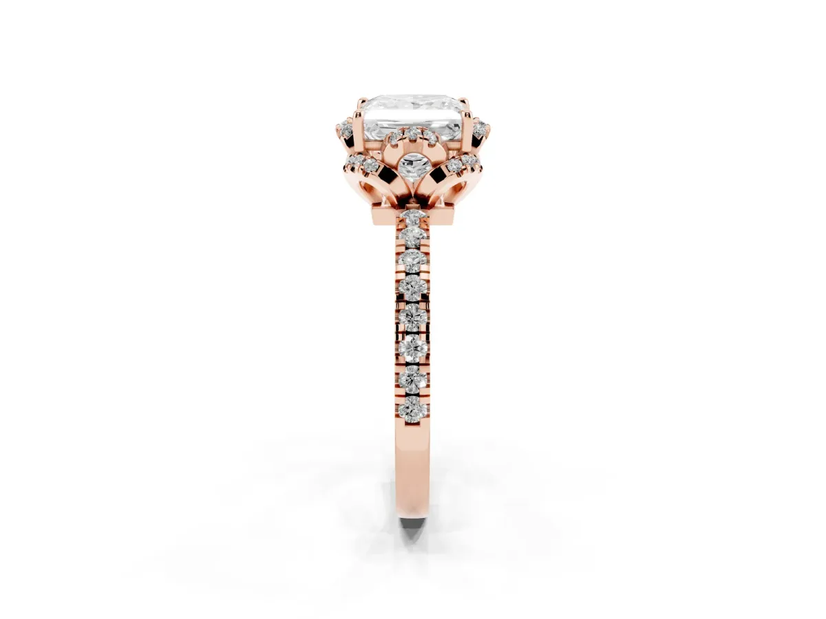 Princess Cut Halo Diamond Pave Band Ring with Four-Prong Setting Rose gold