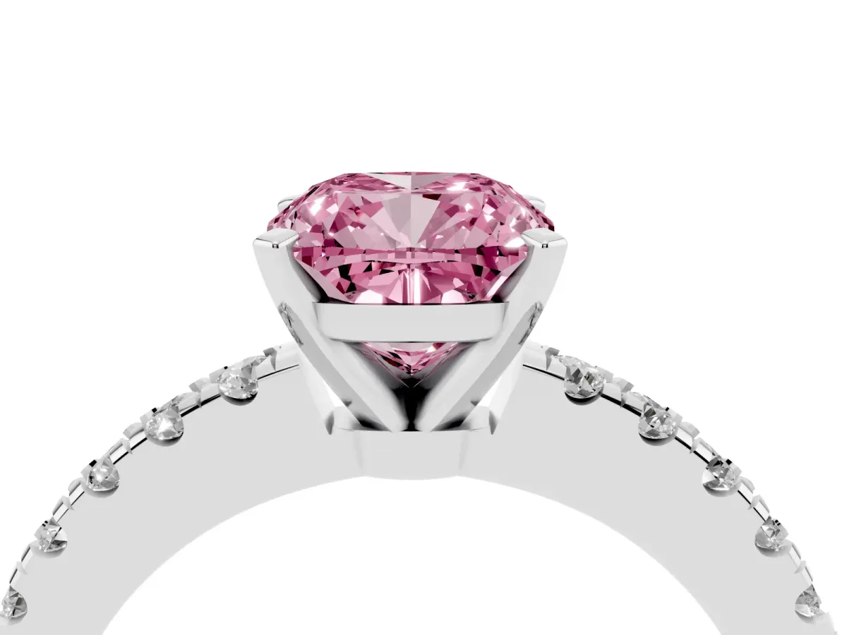 Fancy Pink Cushion Cut Solitaire Diamond with Pavé Band and Four-Prong Setting Platinum