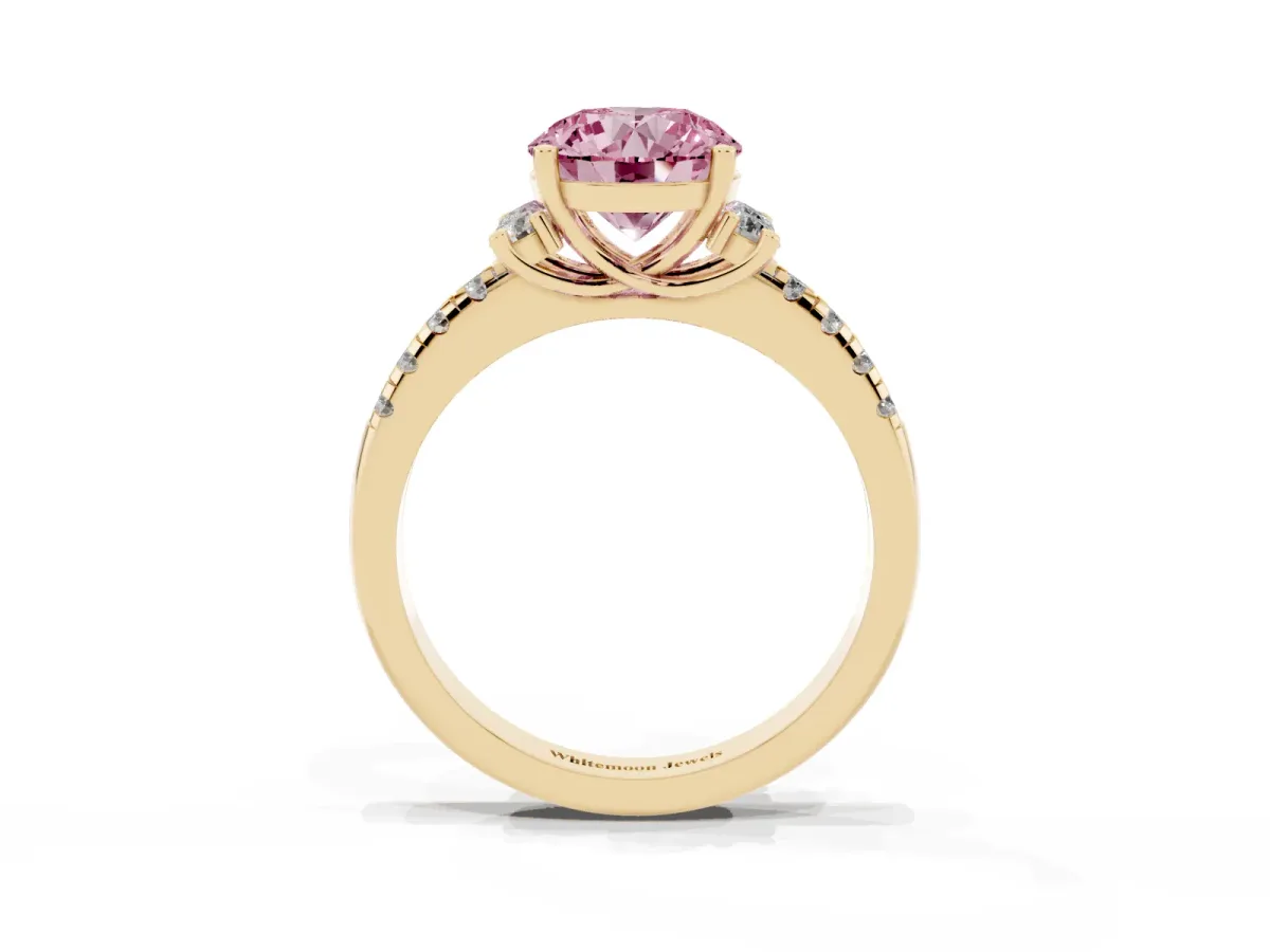 Fancy Pink Round Cut Diamond Three-Stone Pave Band with Four-Prong Setting Yellow gold