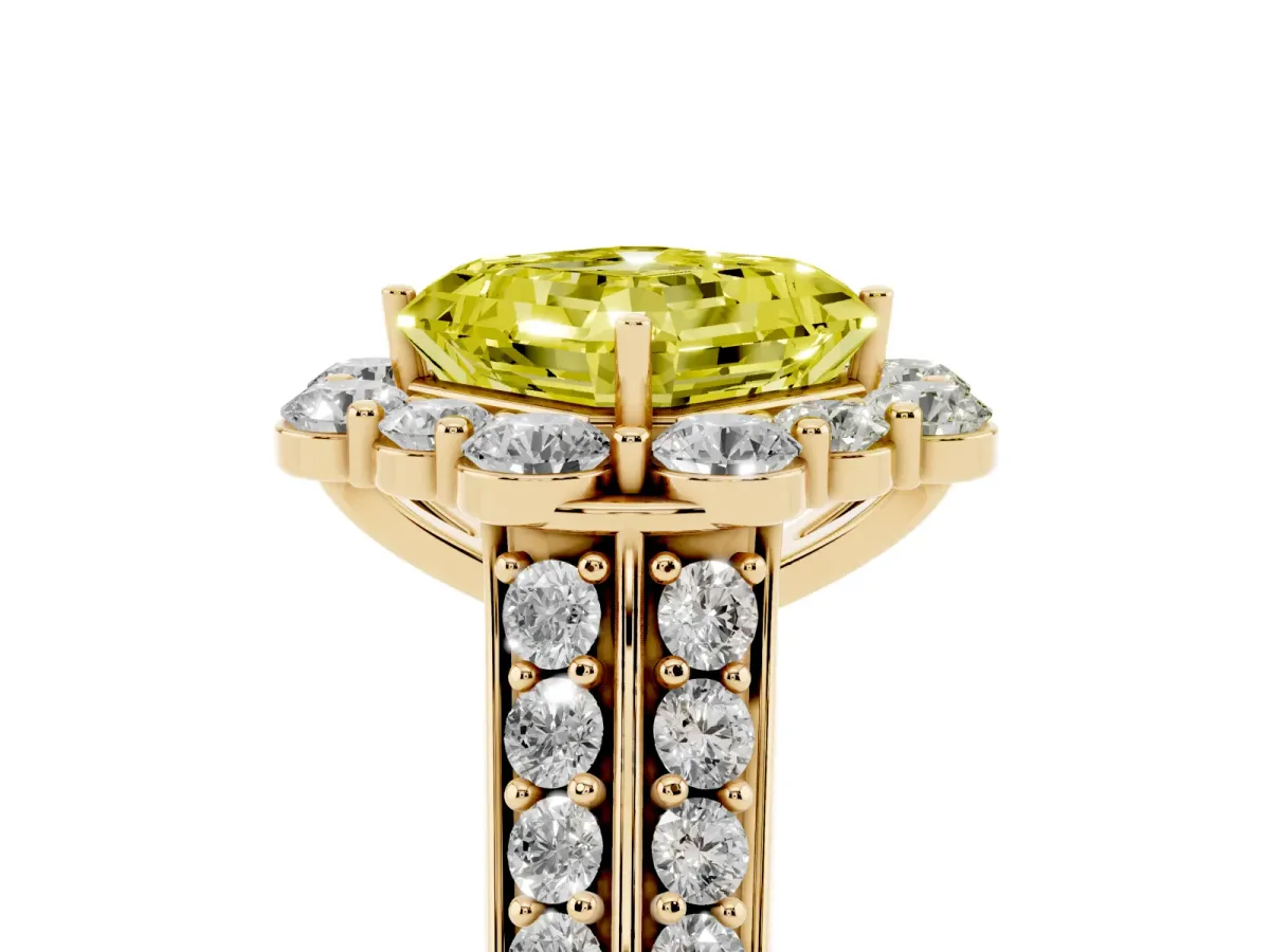 Fancy Yellow Asscher Cut Halo Diamond Engagement Ring with Split Shank and Prong Setting Yellow gold