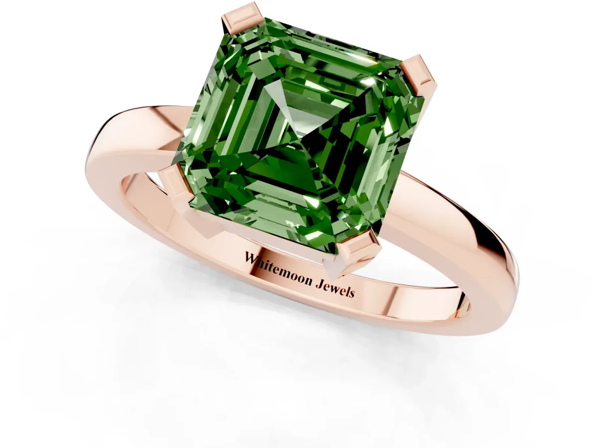 Fancy Green Asscher Cut Cut Solitaire Ring with Four-Prong Setting and Classic Band Rose gold
