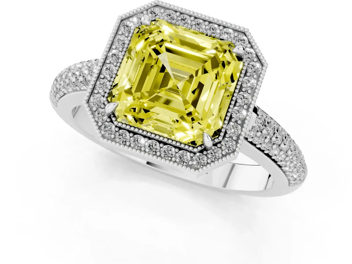 Fancy Yellow Asscher Cut Cut Halo Diamond Pave Band with Four-Prong Setting Silver