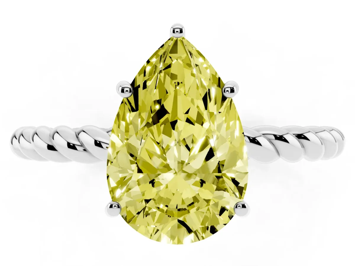Fancy Yellow Pear Cut Solitaire Twist Band Ring with Four-Prong Setting Silver