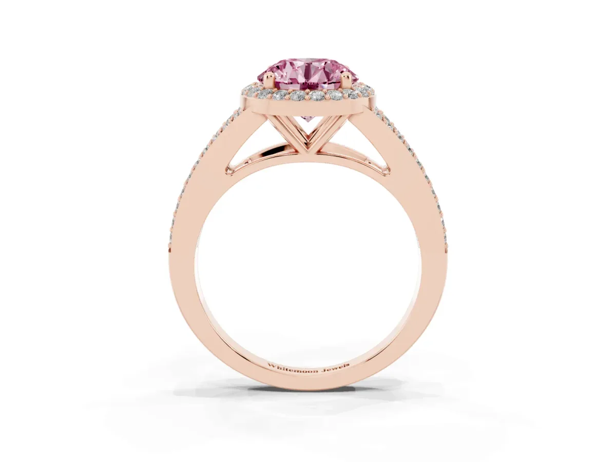 Fancy Pink Round Cut Halo Split Shank Diamond Ring with Prong Setting Rose gold