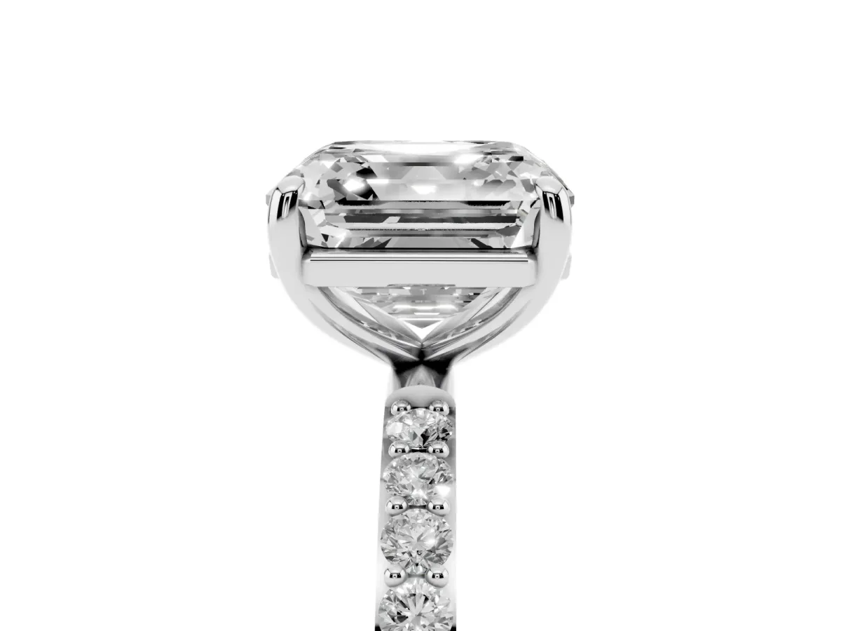 Asscher Cut Diamond Solitaire Ring with Round Pavé Band and Prong Setting Platinum