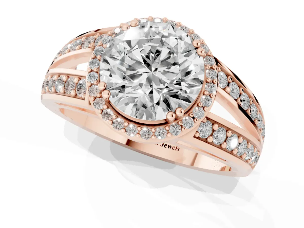 Round Cut Diamond Halo Ring with Split Shank Pavé Band and Four-Prong Setting Rose gold