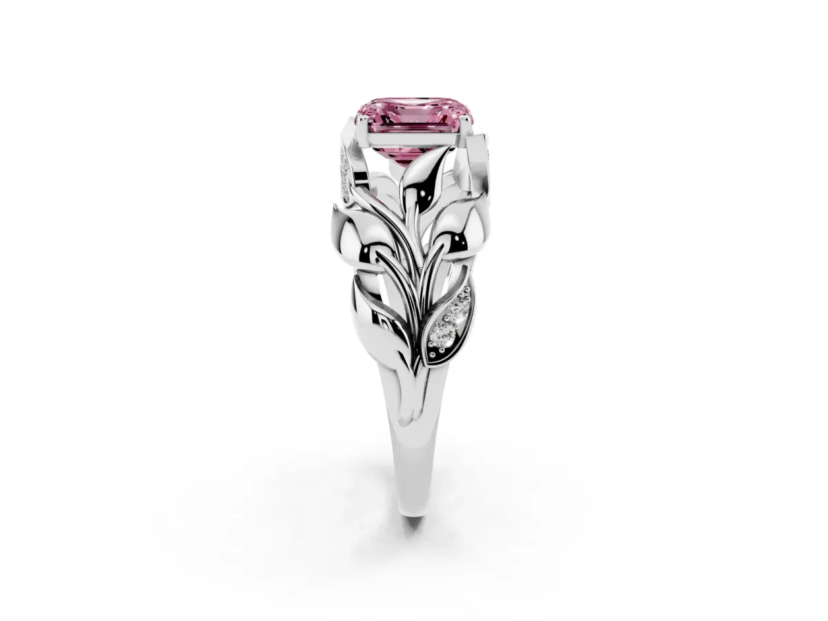Fancy Pink Asscher Cut Diamond Leaf-Inspired Engagement Ring with Round Accents and Prong Setting Platinum