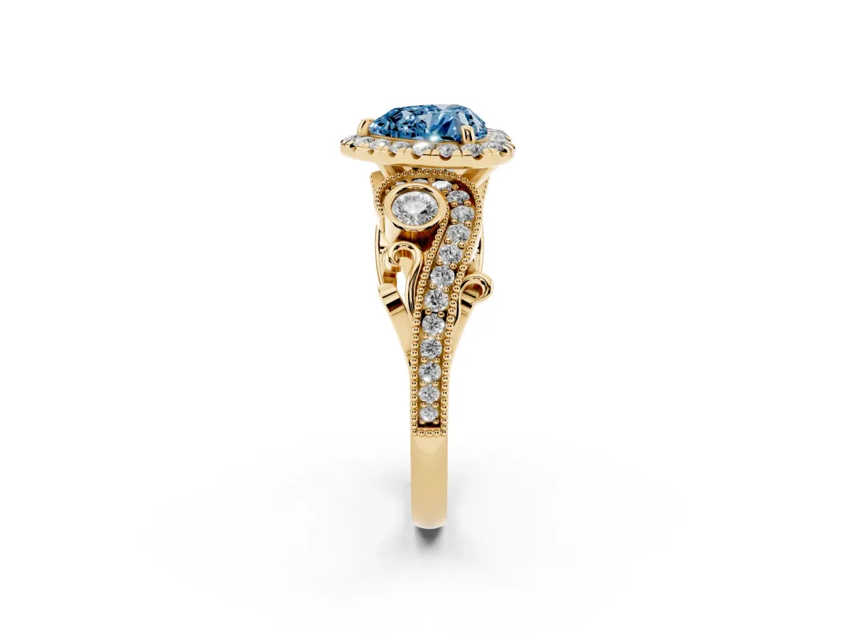 Fancy Blue Heart Cut Diamond Halo Ring with Milgrain Pavé Band and Four-Prong Setting Yellow gold