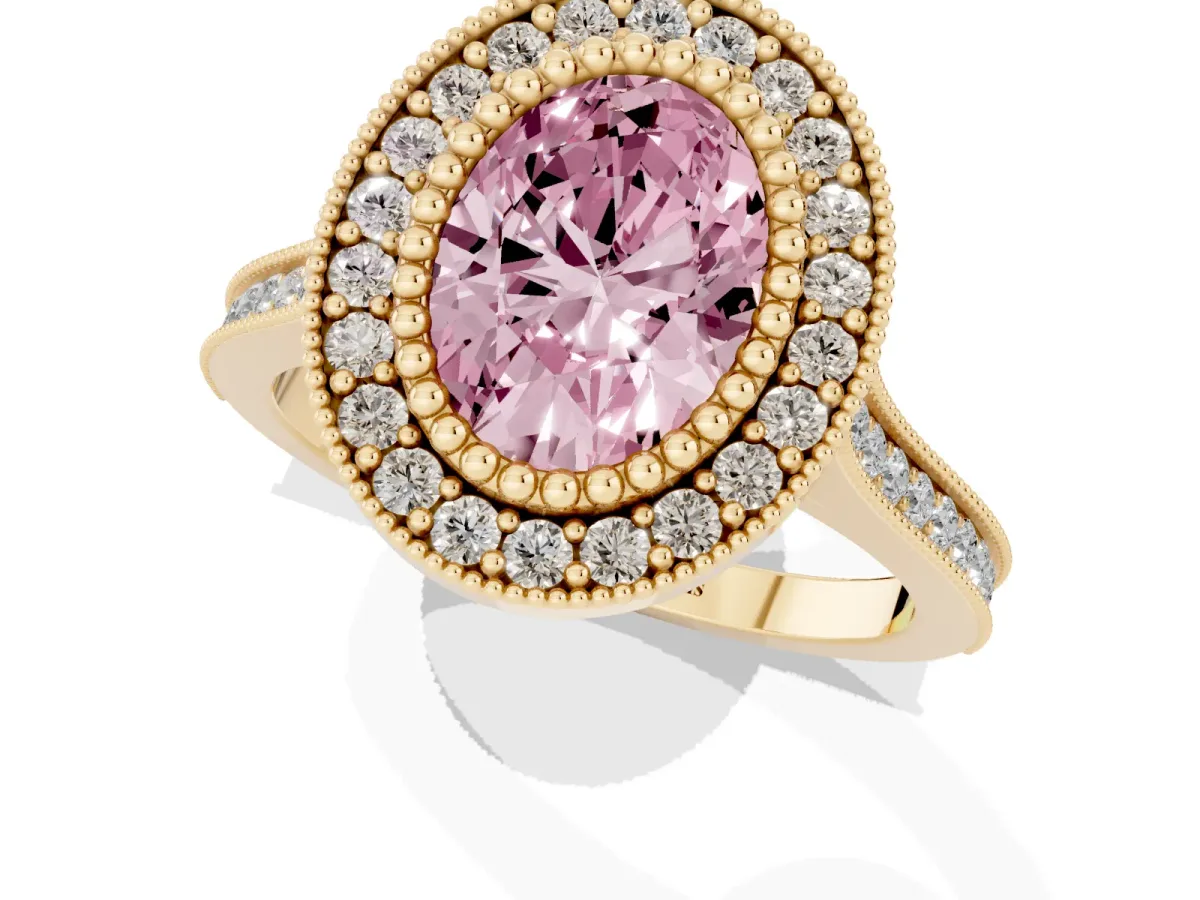 Fancy Pink Oval Cut Diamond Halo Ring with Milgrain Frame and Pavé Band Yellow gold