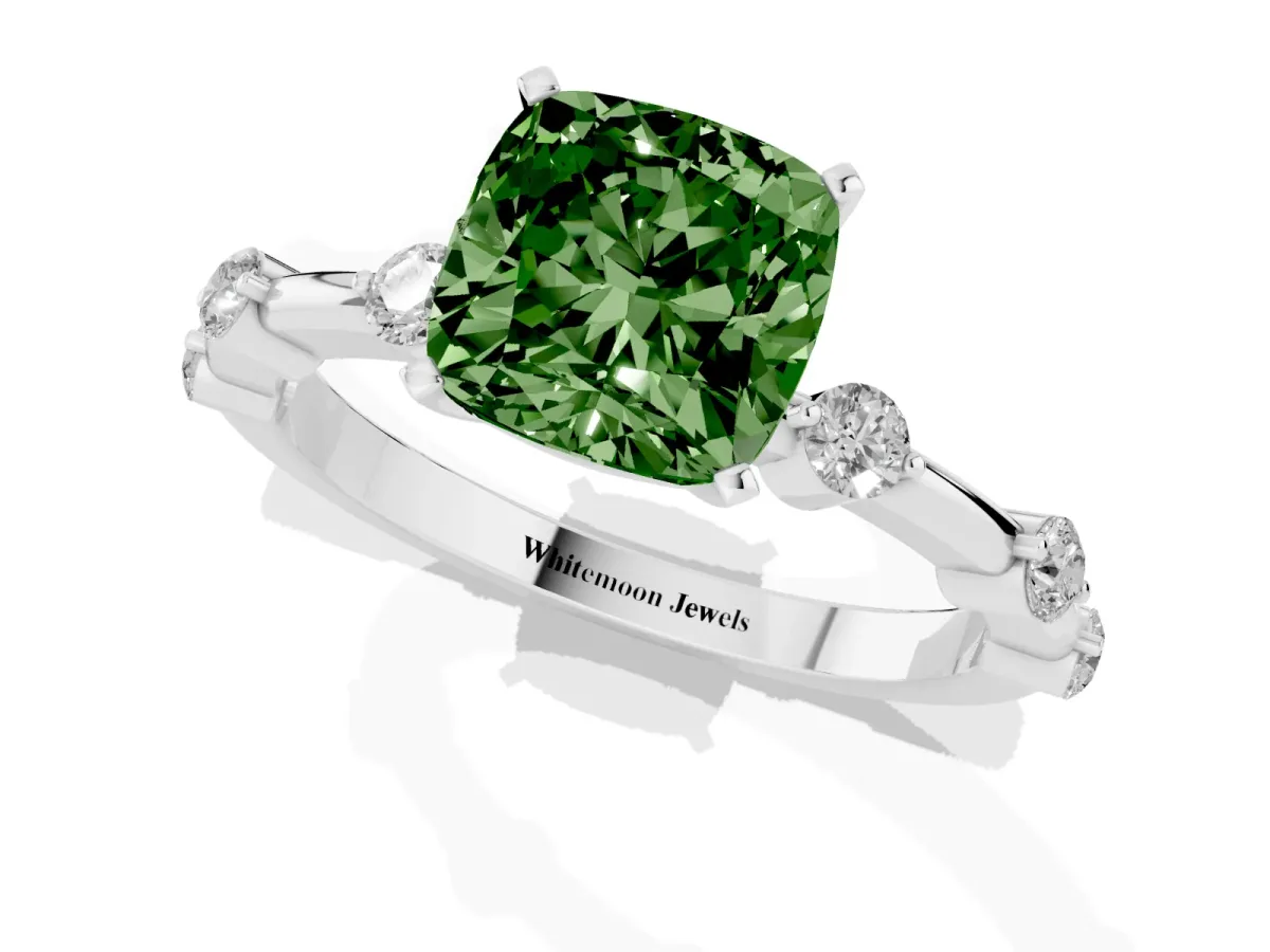 Fancy Green Cushion Cut Solitaire Diamond Ring with Bezel Set Side Stones and Prong Setting Silver