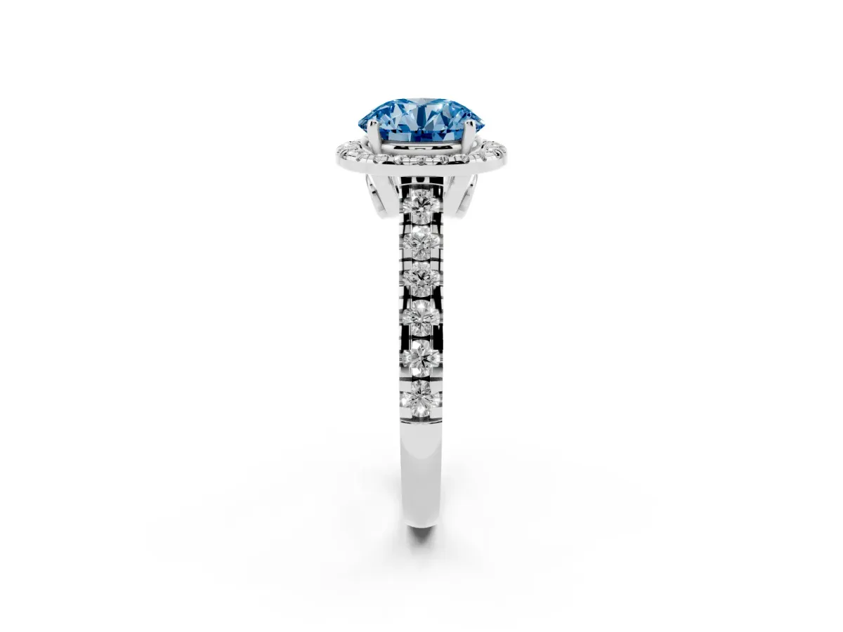 Fancy Blue Round Cut Halo Pavé Diamond Engagement Ring with Four-Prong Setting Silver