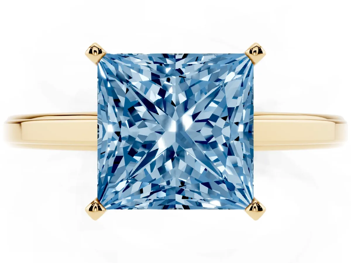 Fancy Blue Princess Cut Solitaire Diamond Ring with Four-Prong Setting and Classic Band Yellow gold