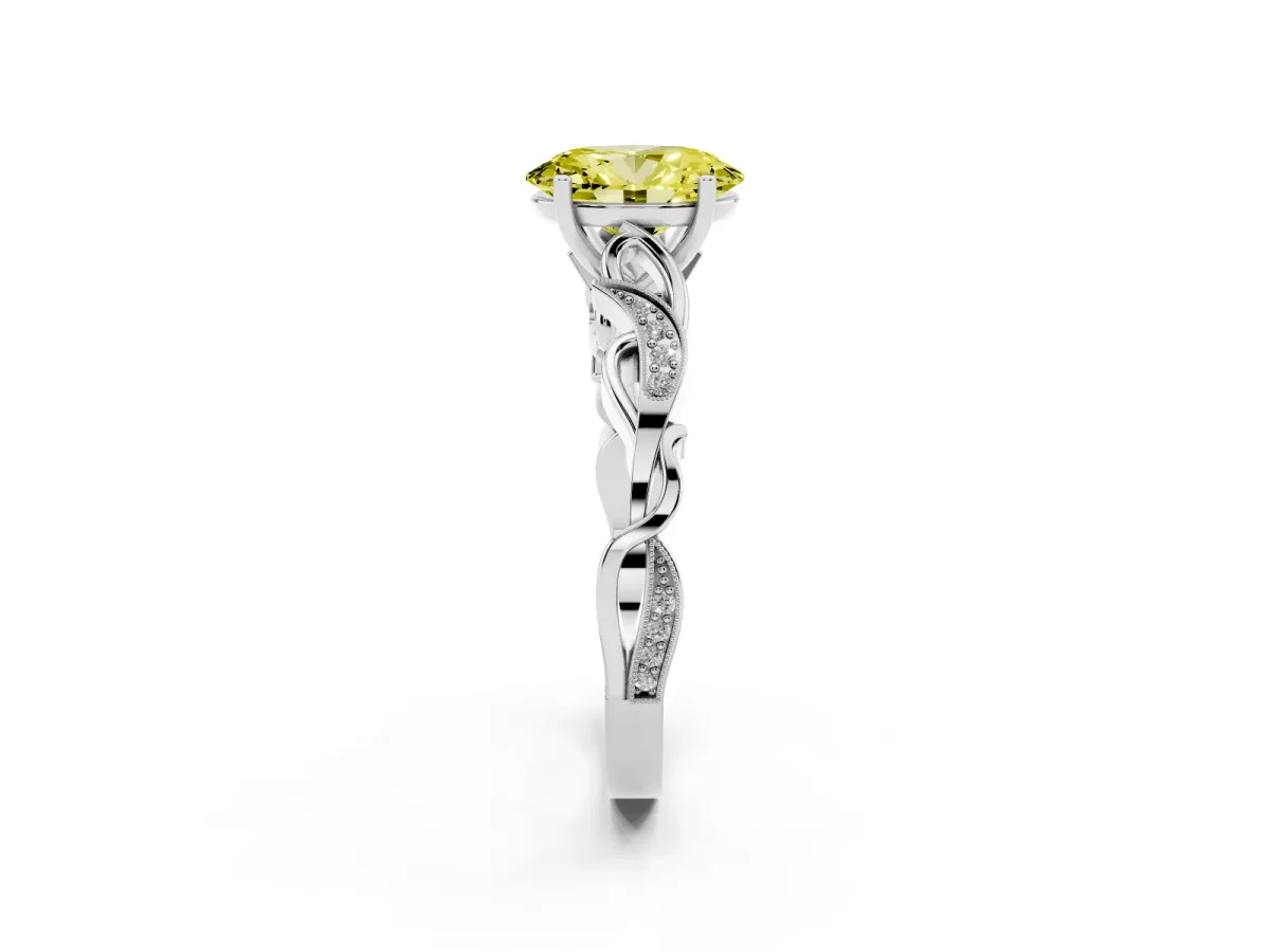 Fancy Yellow Oval Cut Solitaire Vine Band with Milgrain Prong Setting Silver
