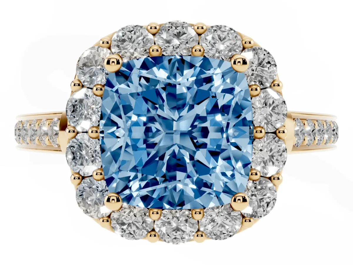 Fancy Blue Cushion Cut Diamond Floral Halo Ring with Pavé Band and Prong Setting Yellow gold