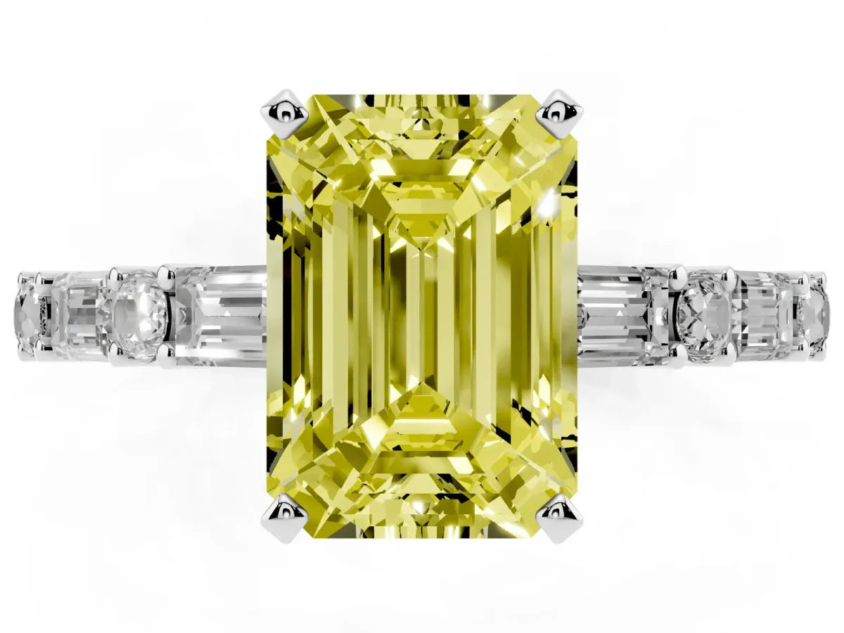 Fancy Yellow Emerald Cut Diamond Solitaire with Side Baguettes and Channel Set Band Silver