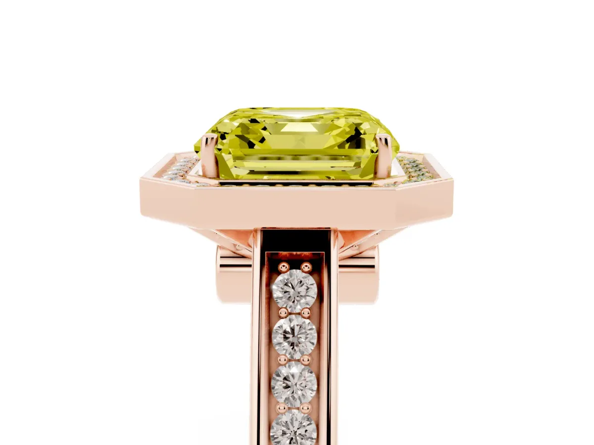 Fancy Yellow Asscher Cut Halo Solitaire Diamond Ring with Pave Band and Bezel Setting Rose gold