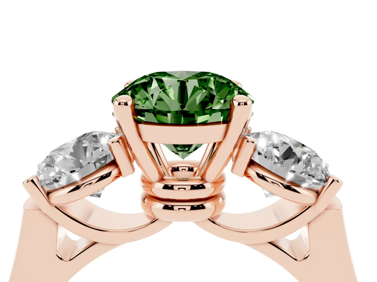 Fancy Green Three-Stone Round Cut Brilliant Diamond Trellis Ring with Comfort Fit Band Rose gold