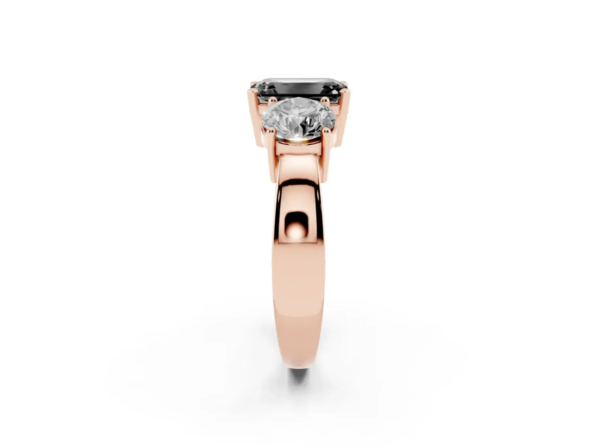 Fancy Black Three-Stone Emerald Cut Diamond Ring with Round Side Stones, Classic Band, and Four-Prong Setting Rose gold