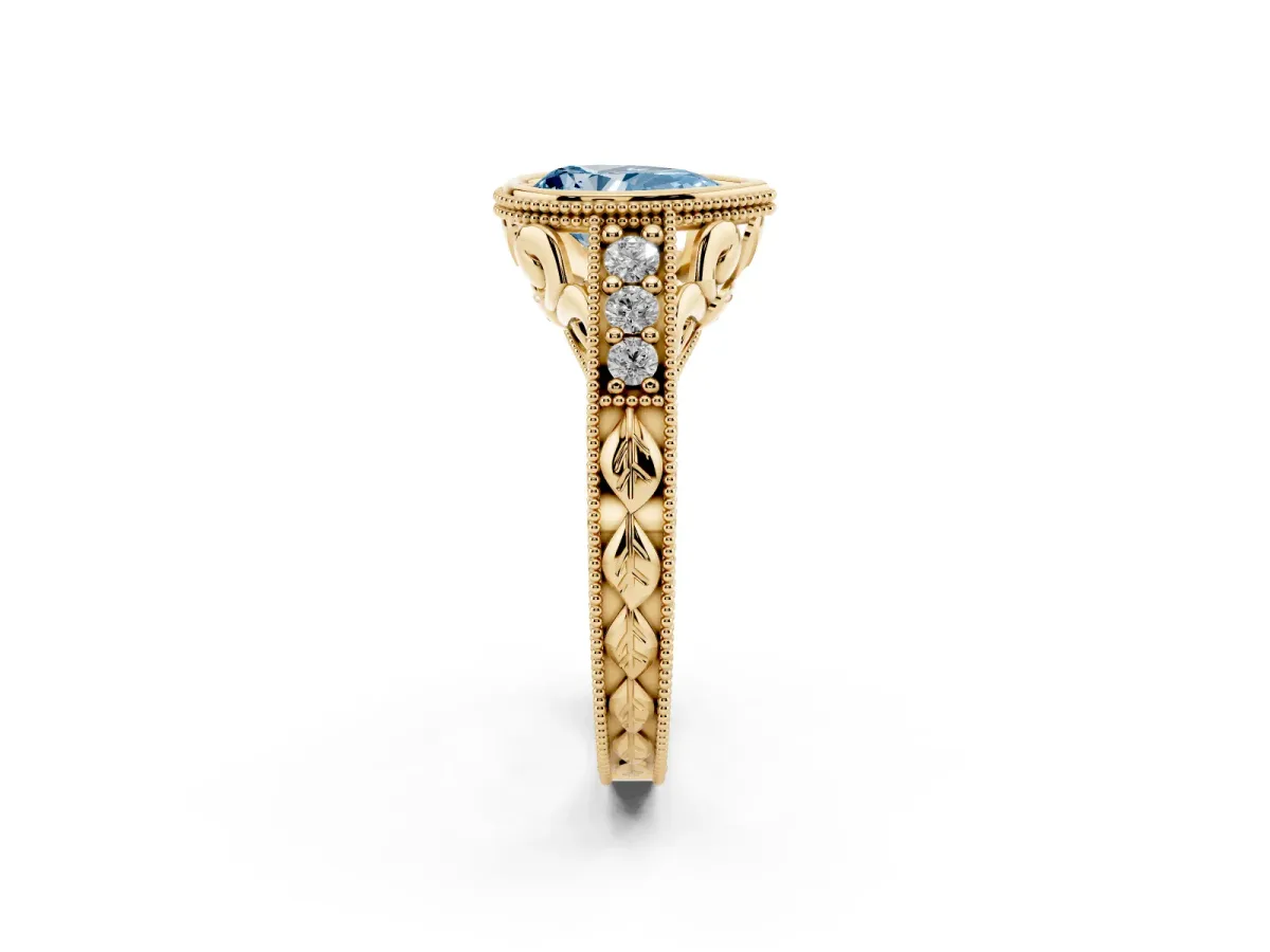 Fancy Blue Bezel Set Pear Cut Diamond Milgrain Pave Engagement Ring Yellow gold