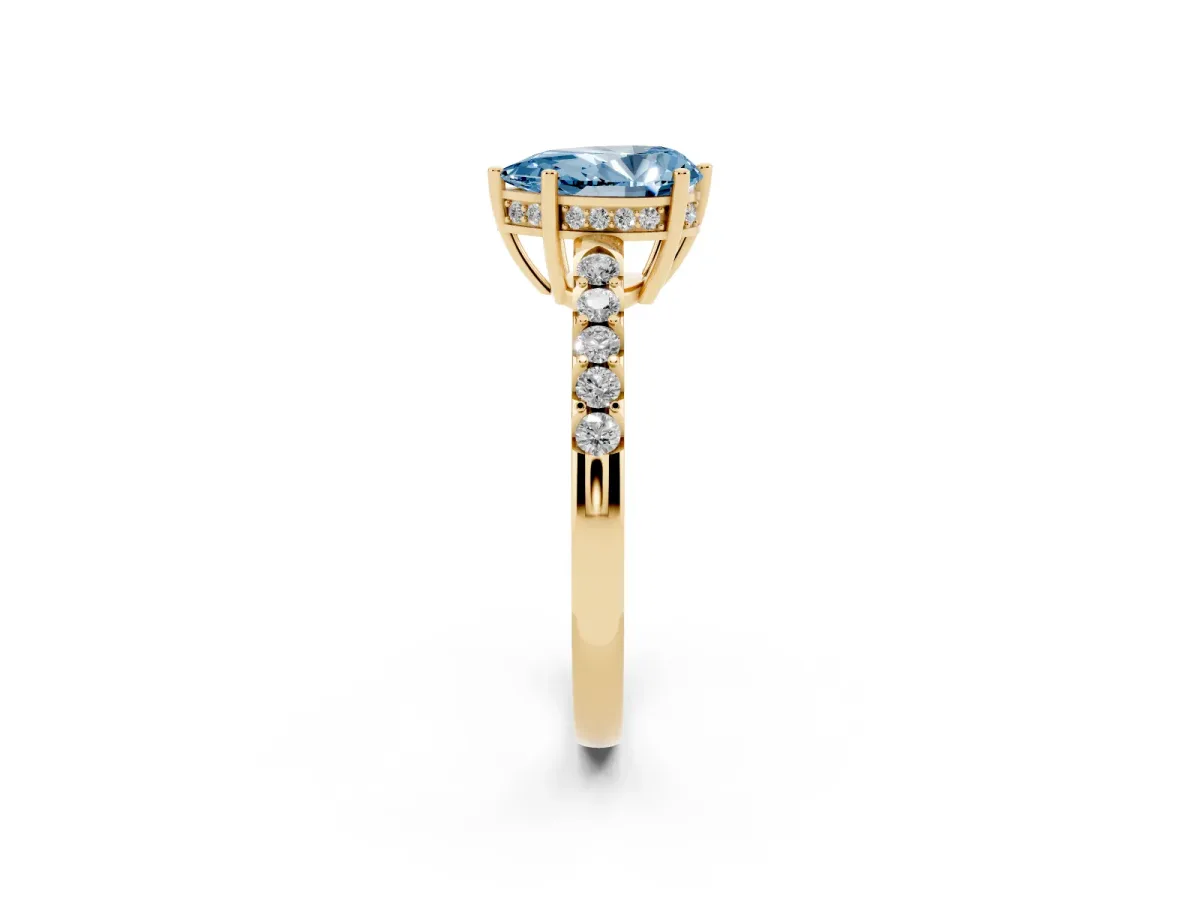 Fancy Blue Pear Cut Solitaire Diamond Engagement Ring with Pavé Band and Six-Prong Setting Yellow gold