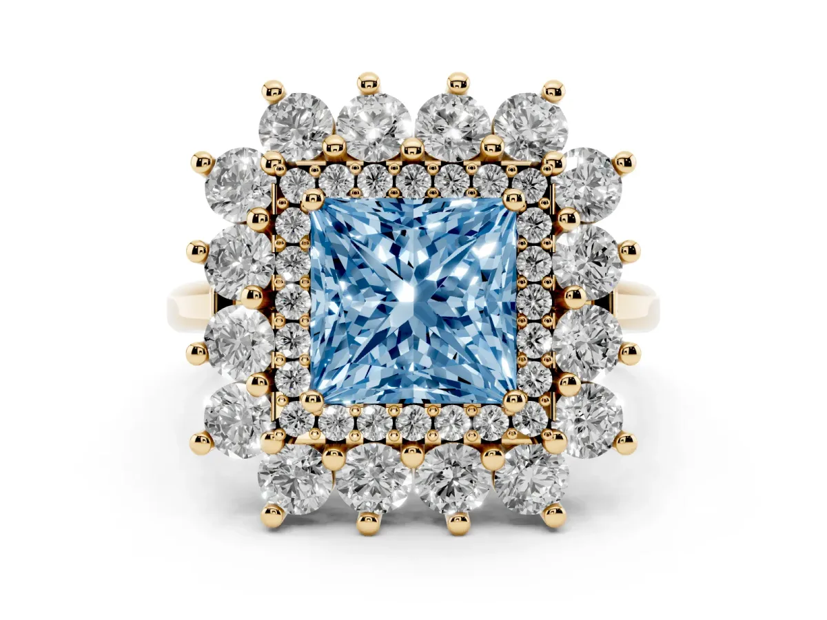 Fancy Blue Princess Cut Diamond Floral Double Halo Engagement Ring with Prong Setting Yellow gold