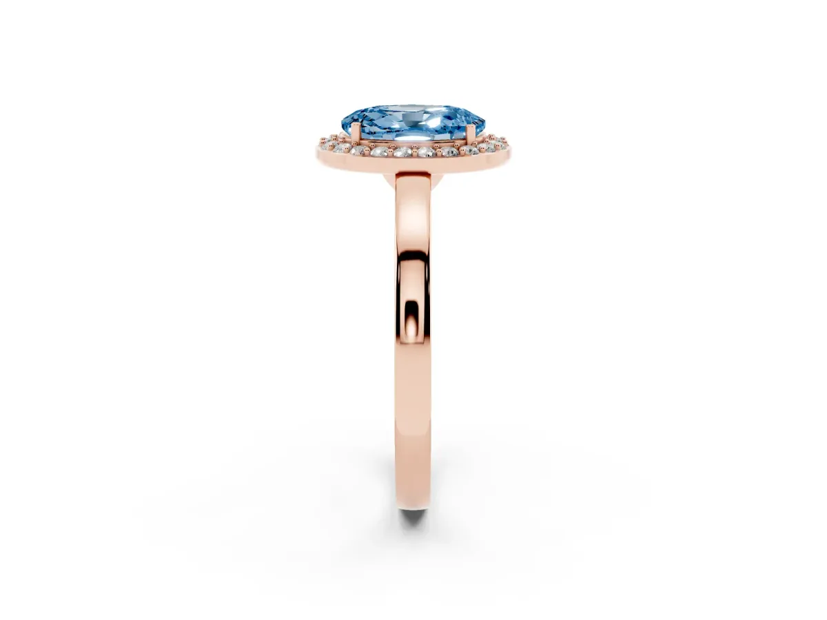 Fancy Blue Oval Cut Halo Diamond Ring with Solitaire Band and Prong Setting Rose gold
