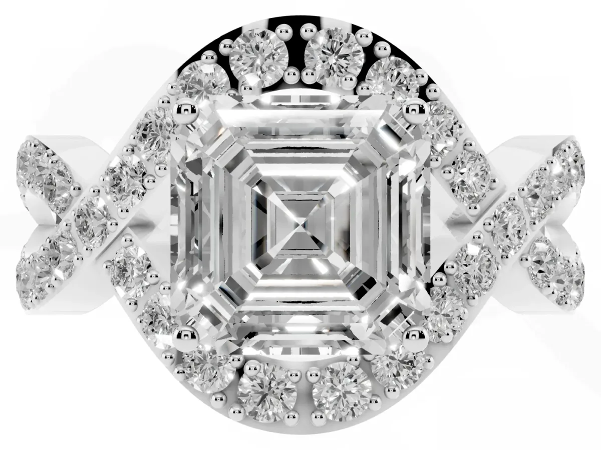 Asscher Cut Solitaire Twist Band Pavé Diamond Engagement Ring Silver
