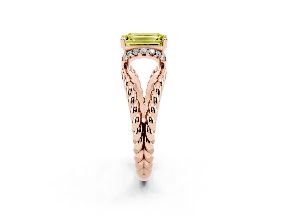Fancy Yellow Emerald Cut Halo Twisted Band Four-Prong Ring Rose gold