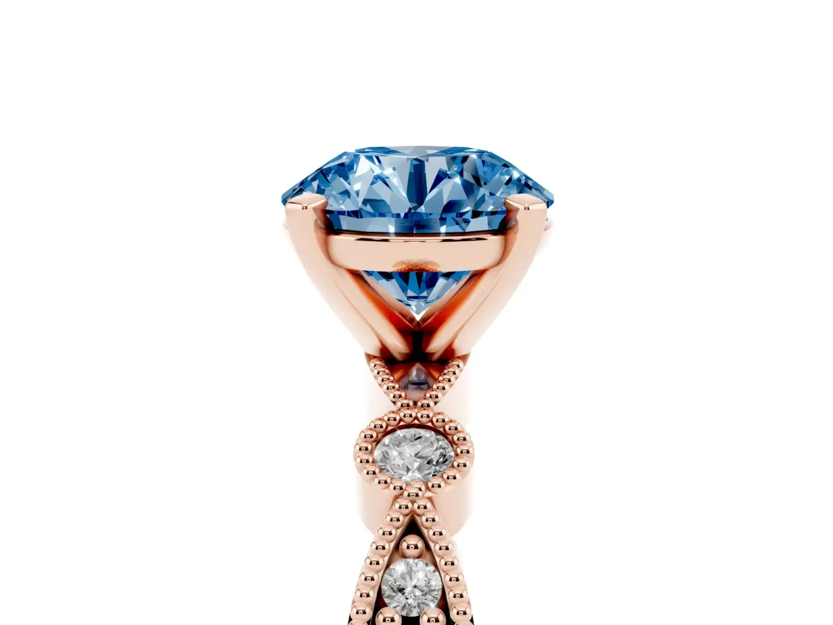 Fancy Blue Round Cut Milgrain Bezel Diamond Engagement Ring with Solitaire Prong Setting Rose gold