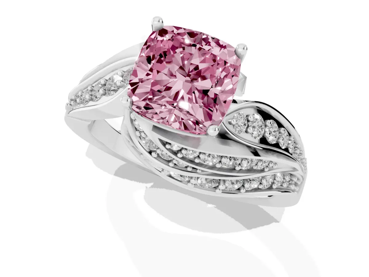 Fancy Pink Cushion Cut Diamond Solitaire Ring with Prong Setting and Twisted Pavé Band Silver