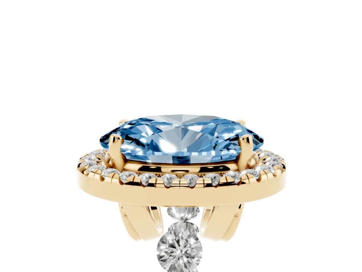 Fancy Blue Oval Cut Halo Pavé Diamond Engagement Ring with Four-Prong Setting Yellow gold