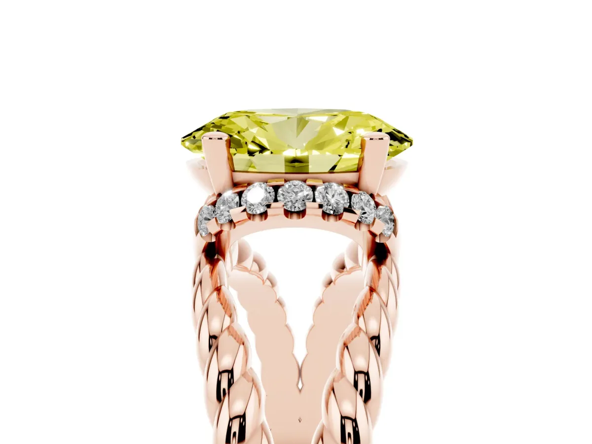Fancy Yellow Oval Cut Halo Twisted Band Four-Prong Ring Rose gold